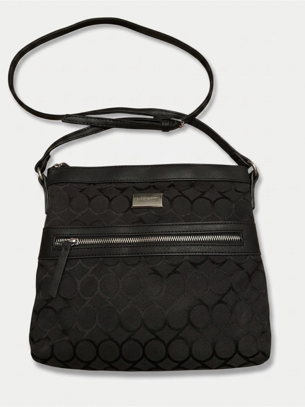 Nine West Black Patterned Crossbody Bag with Front Zip